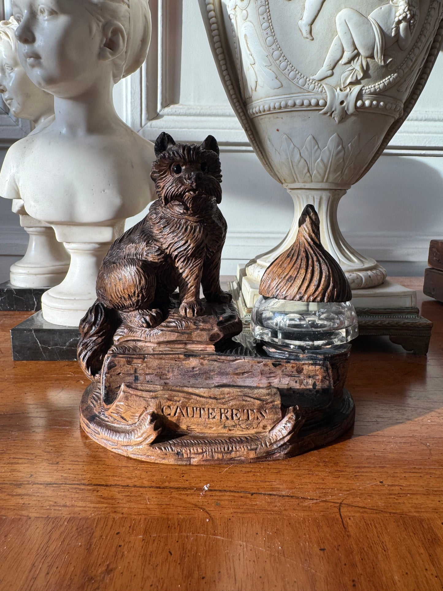 Hand Carved Terrier Inkwell with Glass Eyes