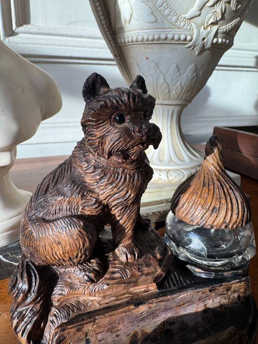 Hand Carved Terrier Inkwell with Glass Eyes
