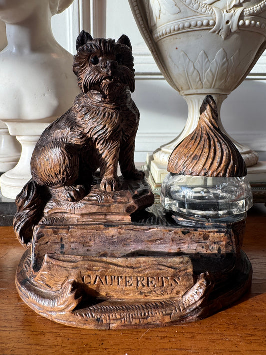 Hand Carved Terrier Inkwell with Glass Eyes